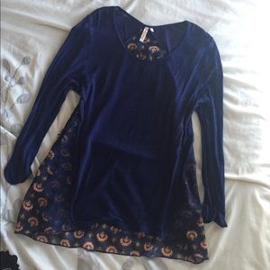Blue and coral lotus print long sleeve shirt